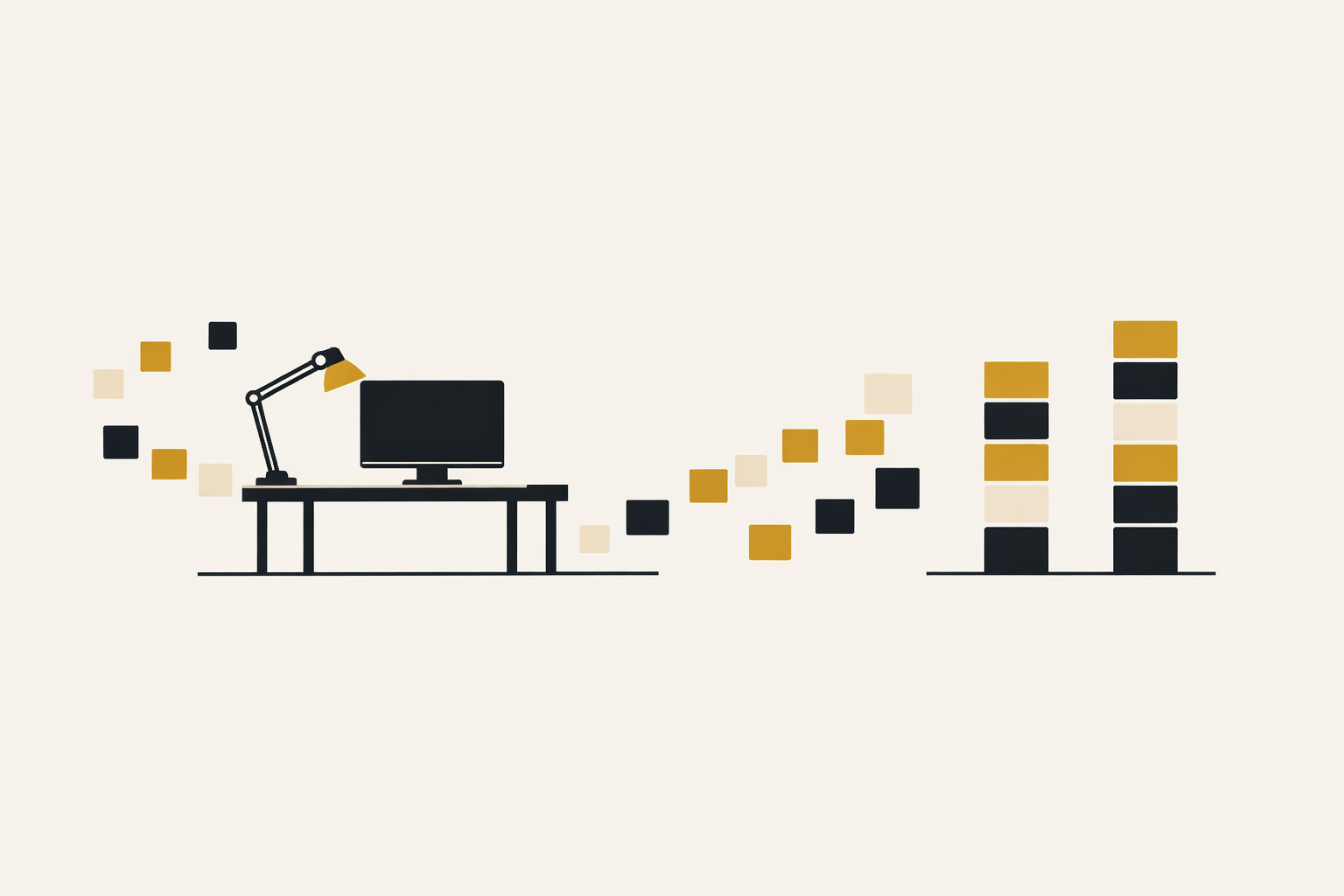 Illustration : des tâches qui se rangent en colonnes pendant que le bureau est vide