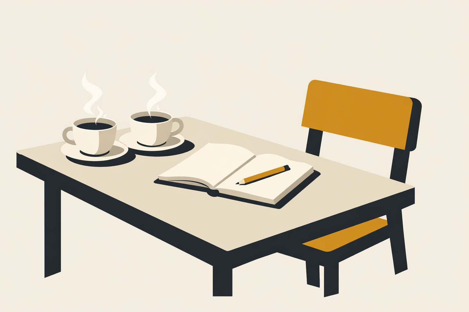 Illustration : deux cafés, un carnet ouvert et un crayon sur une table