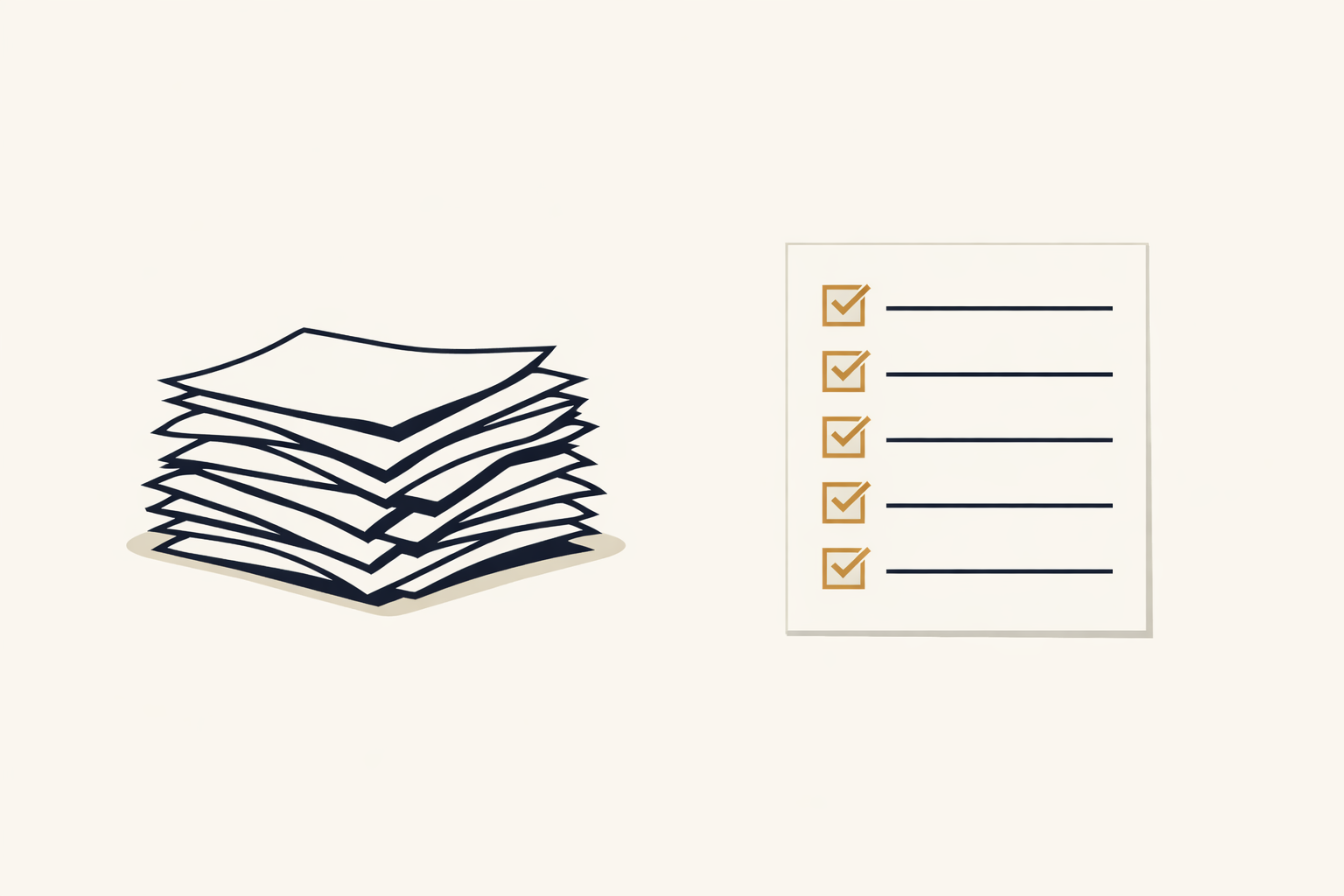 Illustration : une pile de feuilles qui se transforme en une liste propre et alignée, vue de côté, très épurée