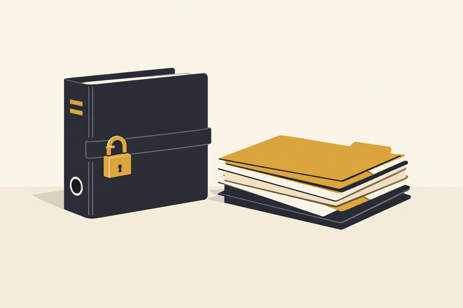 Illustration : un classeur fermé avec un cadenas discret, à côté de quelques chemises empilées bien rangées