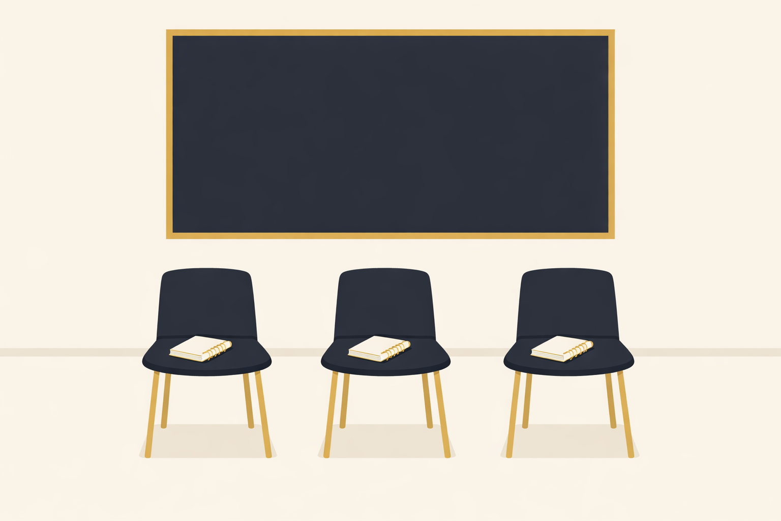 Illustration : trois chaises devant un grand écran de présentation éteint dans une salle claire, un carnet sur chaque chaise
